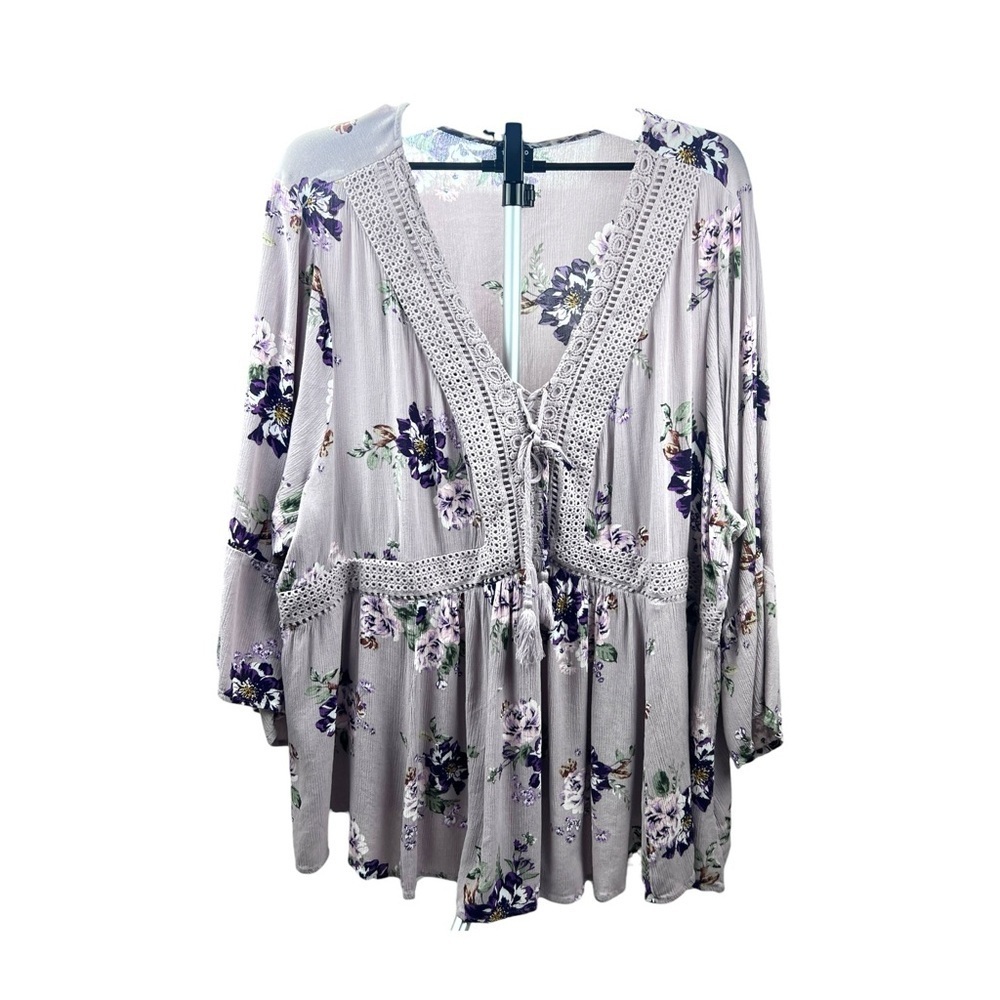 Torrid Floral Lace-Up Blouse - Purple and White